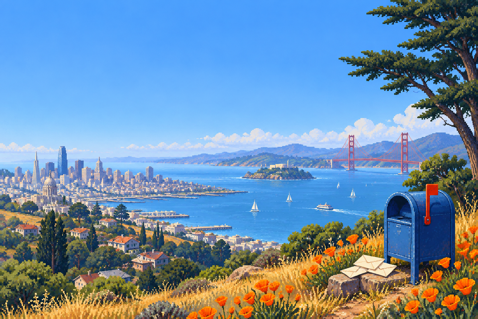 An original pixel-painted San Francisco hilltop with a blue mailbox, poppies, cypress trees, and the Golden Gate Bridge across the bay.